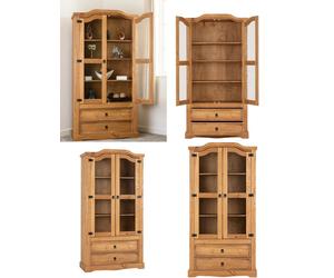 Wooden Display Unit Distressed Waxed Pine/Clear Glass Corona 2 Door 2 Drawers
