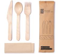 Wooden Disposable Cutlery Sets | 16cm Knife, Fork, Spoon & Tissue Set | Individually Wrapped | 16cm | Picnic Party or Wedding Cutlery | Eco Friendly Biodegradable Compostable (40)