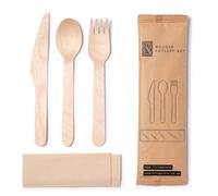 Wooden Disposable Cutlery Sets | 16cm Knife, Fork, Spoon & Tissue Set | Individually Wrapped | 16cm | Picnic Party or Wedding Cutlery | Eco Friendly Biodegradable Compostable (20)