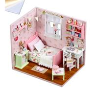 Wooden DIY Miniature House Kit Bedroom Theme, Mini Dollhouse with LED Lights & HD Transparent Dust Cover, Creative Handmade Decor Figurine Craft Set (Pink)
