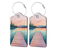 Wooden Dock Luggage Tag for Suitcase 2 Pack Leather Luggage Tag with Privacy Flap Name Id Label and Metal Loop for Women Men Travel