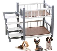 Wooden Dog Bunk Bed with Stairs for 2 Pets, Solid Pine Double Layer Raised Dog Bed, Heavy Duty Multi-Level Pet Furniture for Sleeping and Napping, Easy Assembly(Gray,Large)