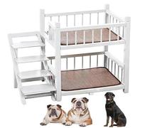 Wooden Dog Bunk Bed with Stairs for 2 Pets, Solid Pine Double Layer Raised Dog Bed, Heavy Duty Multi-Level Pet Furniture for Sleeping and Napping, Easy Assembly(White,S)