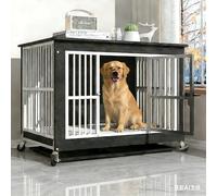 Wooden Dog Cage Furniture Pet Cage Portable Medium Large Animals Robust Side Table Indoor Outdoor (Black, L 80 x 52 x 77 cm)