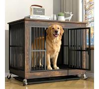 Wooden Dog Cage Furniture Pet Cage Portable Medium Large Animals Robust Side Table Indoor Outdoor (Smoky Brown, L 80 x 52 x 77 cm)