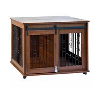 Wooden Dog Crate, Furniture Style, Adjustable Space, Dog Crate with Wheels, Sofa Side Table, Sliding Barn Door + Removable Divider for Small/Medium/Large Dogs