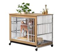Wooden Dog Crate Furniture with Stainless Steel Frame, Heavy Duty Modern Side Table Featuring Universal Wheels and 360° Swivel for Free Movement, Ideal for Medium and Small Dogs