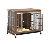 Wooden Dog Crate Furniture with Stainless Steel Frame, Heavy Duty Modern Side Table Featuring Universal Wheels and 360° Swivel for Free Movement, Ideal for Medium and Small Dogs
