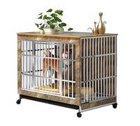 Wooden Dog Crate Furniture with Stainless Steel Frame, Heavy Duty Modern Side Table Featuring Universal Wheels and 360° Swivel for Free Movement, Ideal for Medium and Small Dogs