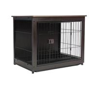 Wooden Dog Crate Furniture With Universal Wheels, Thickened Carbon Steel Wire For Strong Load Bearing, Ideal Indoor Kennel For Pets,Black-L-with-wheels