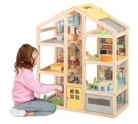 Wooden Dollhouse Doll House Playset With 7 Rooms 1 Puppy for Aged 3+ Gymax Light Khaki One Size