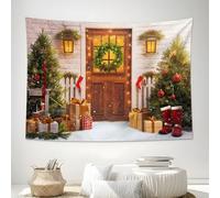 Wooden Door Christmas Tree Wreath Tapestry, Wall Hanging Vintage Christmas, Tapestry for Bedroom Living Room, Green Walls Hanging Home Xmas Party, 100Lx75W
