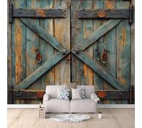 Wooden Door Photo Wallpaper Rustic Blue Wooden Door Wallpaper Wall Mural 300 × 256 cm / 118" × 100.7" - Non-Woven Wall Mural 3D Art Print Bedroom Living Room Decoration Poster