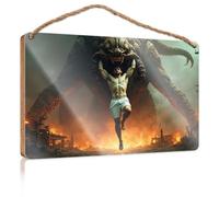 Wooden Door Sign A Muscular Man Is Being Lifted By A Giant Monster In A Burning City Wooded Sign Funny Bathroom Art Kitchen Decorations Wall(23X35CM)