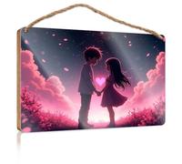Wooden Door Sign Two Anime Characters Holding Hands Under A Starry Sky With Pink Petals Falling Wooded Sign Funny Bathroom Art Kitchen Decorations Wall(15X28CM)