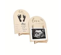 Wooden Double-Side Ultrasound Picture Frame, Pregnancy Announcement & Newborn Countdown Photo Scan Holder, Love At First Sight & Footprints Design With Clips And Stand Brown