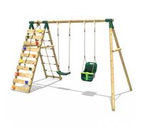 Wooden Double Swing Set with Baby Seat and Up and Climbing Wall - Kai Green Rebo Green One Size