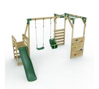 Wooden Double Swing Set with Baby Seat, Monkey Bars and Slide - Luna Green Rebo Green One Size
