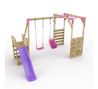 Wooden Double Swing Set with Baby Seat, Monkey Bars and Slide - Luna Pink Rebo Pink One Size