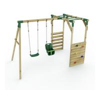 Wooden Double Swing Set with Climbing Wall and Monkey Bars - Luna Green Rebo Green One Size