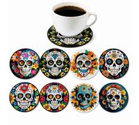 Wooden Drinks Coasters Set Of 8, Round 10 cm Skull And Floral Designs | Assorted Multicoloured Artwork, For Mugs, Cups And Glasses On Kitchen Worktops, Dining Tables And Home Bars