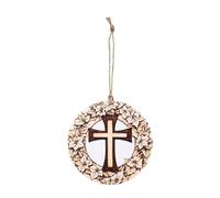 Wooden Easter Cross Hanging Ornament, Round Faux Stained Glass and Rustic Floral Pendant, Religious Christian Tree Decoration and Spring Faith Gift (Brown_B)