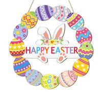 Wooden Easter Decoration Door Wreath for Front Door Sign Wall Signs Rabbit Spring Decoration, Hollow Bunny Sign Flower Egg Welcome Hanging for Home Wall Decor Party Outdoor indoor Supply Happy Easter
