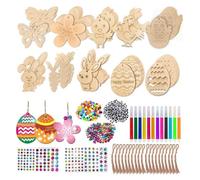 Wooden Easter Pendants for Painting, 264pcs Children Easter Crafts with 60 pcs of Ropes, 12 pcs of Watercolor pens, 60 pcs of DIY Wooden Pendants, Easter DIY Party Supplies Decoration for Kids