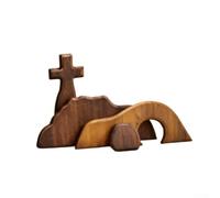 Wooden Easter Scene Decoration - Risen Christ Figurine with Empty Tomb, Boxwood Garden Statue for Home, Fireplace & Table Decor (23 x 10 x 4.5 cm)
