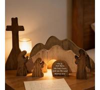 Wooden Easter Tomb Scene for Christian Decoration, Empty Tomb Set with Cross, Figurines for Easter Decor, Jesus Resurrection Scene for Religious Display, Home Office Tabletop Tray, Church, Shelf Decor