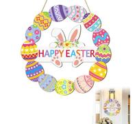 Wooden Easter Wreath Front Sign Wall Signs Rabbit Spring Decoration, Happy Easter Hollow Sign Wreath Flower Bunny