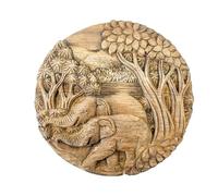 Wooden Elephant Wall Plaque - Hand Carved Wood Handmade Decorative Ornament Home Decor Circle Round Thai Wall Art Elephant Family - 20cm