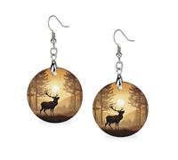 Wooden Elk Artwork Earrings for Women Lightweight Dangle Earrings Ethnic Geometric Round Earring Vintage Retro Jewelry Gift for Daily Wear Wedding Party Graduation