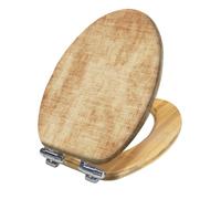 Wooden Elongated Toilet Seat Natural Vintage Brown Linen Texture Slow Quiet Close Quick-Release Hinges Easy to Install Clean Bumpers