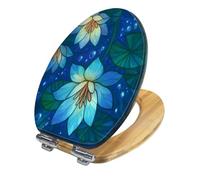 Wooden Elongated Toilet Seat with Lilies Leaves Stained Glass Art, Slow Quiet Close Lid, Quick-Release Hinges, Easy Clean Install