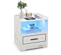 Wooden End Table Smart Nightstand w/ Drawer & Lighted Open Shelf Bedside Table