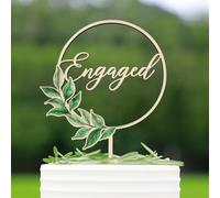 Wooden Engaged Cake Topper, Rustic Engagement Cake Topper Decoration with Green Leaves, 5.5x8.1 Inch Keepsake for 6/8 Inch Cake in Gift Box