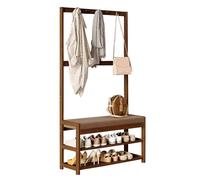 Wooden Entryway Coat Rack Shoe Bench Storage Shelf, Hall Tree with Storage Bench for Dorm, Apartment, Hall, Brown