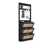Wooden Entryway Organizer with Flap Rattan Cabinet Door, 2 Style Options, Large Capacity Shoe Closet, Full Floor-Standing Front Door Shoes Storage with Groove Handle(Walnut,Solid Wood) (Black Rat