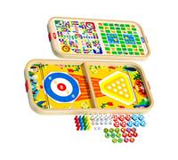 Wooden Family Activity Board Game Set, B | 4-in-1 Tabletop Play, Portable Case Storage, Puck Shot Fun for House Visits