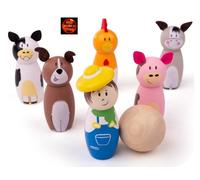 Wooden Farm Skittles - Farmer with 5 animals and ball - New in Box