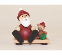 Wooden Figure Santa Claus with Teddy on Bench HxW 9.5x8.5cm NEW Seiffen
