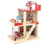 Wooden Fire Station Playset, Multicolor 3-Level Pretend Play Dollhouse with Figures, Truck, Helicopter and Accessories, Preschool Learning Educational Toys for Toddlers Kids Age 3 and up