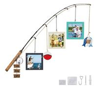 Wooden Fishing Pole Picture Frame Wall Decor with Three 4"x4" Picture Frames,Real Fishing Rod Design,Fishing Gifts for Men,Hanging Fishing Decoration for Cabin,Lake House,Boys Room,Fishing Lovers