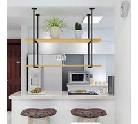 Wooden Floating Shelves 2 Tier Ceiling Pot Pan Rack Suspended Shelving Kitchen Storage with Wine Glass Holder Wall Mounted Metal Shelf for Home Decor (100x30x80cm)