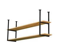 Wooden Floating Shelves | 2-Tier Kitchen Ceiling Pot Rack | Solid Wood & Metal Wine Bottle Holder | Stylish Hanging Storage for Pots Pans & Bottles (110x30x80cm)