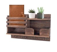 Wooden Floating Wall Shelf - Vintage Storage with Hooks, Mounted Organiser for Small Items, Retro Wooden Box Shelf for Living Room, Kitchen, Wall Decoration and Space Organisation for W