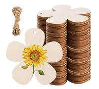 Wooden Flowers Craft Shapes 40pcs Unfinished Flower Wooden Cutout Slices Discs Wood Ornaments with 10m Twine for Crafts 7.5cm