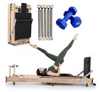 Wooden Foldable Pilates Reformer Machine Multifunction Pilates Equipment for Home Workout and Studio, Includes Sitting Box, Jumpboard