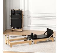 Wooden Foldable Pilates Reformer Machine, Quick-Assembly Studio Grade Pilates Reformer for Home and Gym, Pilates Equipment with Adjustable Resistance, Jump Board and Accessories